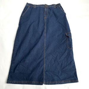 y2k denim skirt midi long elastic waist pull on cargo pocket blue jean size 10